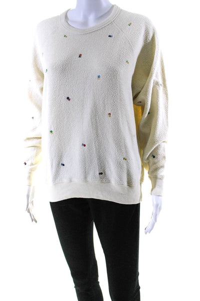The Great Womens Floral Embroidered Crew Neck Sweater White Cotton Size 0