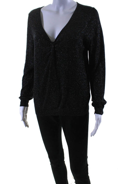Milly Womens Black Multicolor Glittery V-Neck Long Sleeve Blouse Top Size M