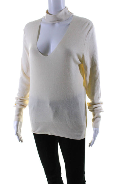 Theory Womens Cream Silk Choker V-Neck Long Sleeve Sweater Top Size L