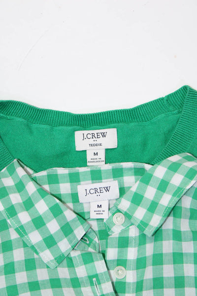 J Crew Womens Teddie Long Sleeved Round Neck Shirts Green White Size M Lot 2