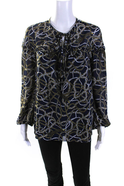 Michael Michael Kors Womens Tied Neck Long Sleeved Blouse Blue Gold Tone Size S