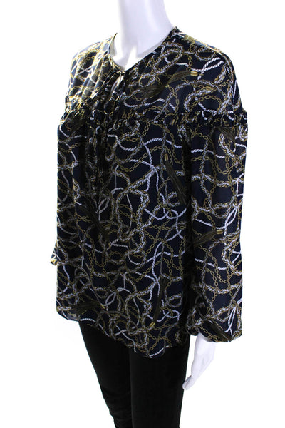 Michael Michael Kors Womens Tied Neck Long Sleeved Blouse Blue Gold Tone Size S