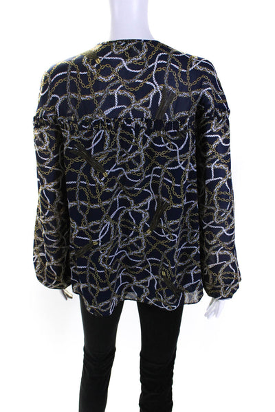 Michael Michael Kors Womens Tied Neck Long Sleeved Blouse Blue Gold Tone Size S