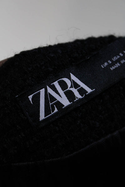 Zara Womens Woven Tweed Round Neck Buttoned Long Sleeved Blazer Black Size S