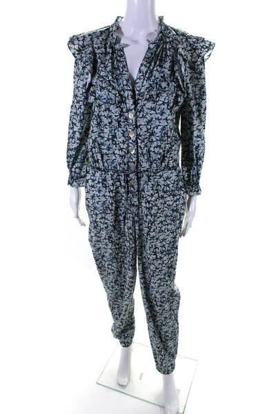 Veronica Beard Womens Cotton Abstract Long Sleeve Button Up Jumpsuit Blue Size M