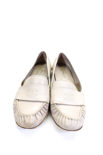 Chanel Womens Leather Embroidered Round Toe Slip On Loafers Beige Size 40 10