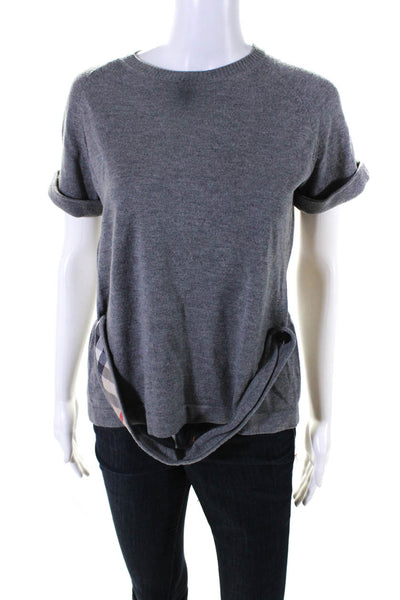 Burberry Womens Round Neck Knit Short Sleeve Button Strap Top Gray Size L