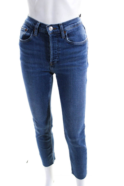 Re/Done Womens High Rise Raw Hem Slim Straight Leg Jeans Blue Size 25