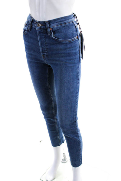 Re/Done Womens High Rise Raw Hem Slim Straight Leg Jeans Blue Size 25