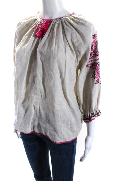 Ulla Johnson Womens Cotton V Neck Embroidered Long Sleeve Blouse Beige Size 0