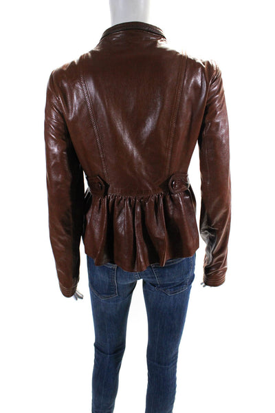 Fendi Womens Leather Snap Closure V Neck Notched Lapel Jacket Brown Size 42