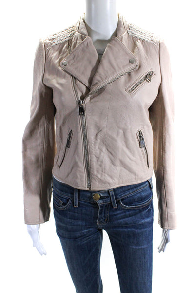 Maje Womens Leather Full Zip Stitched Trim Biker Jacket Beige Size 40