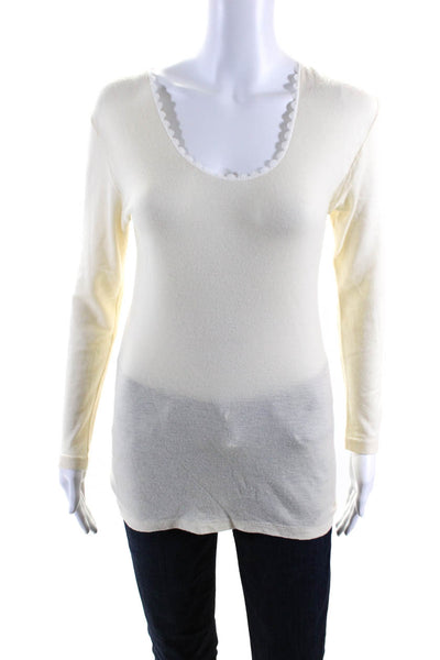 Saks Fifth Avenue Women's Round Neck Long Sleeves Lace Trim Blouse Cream Size L