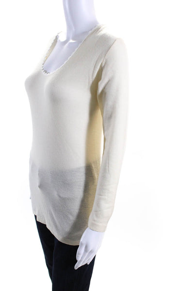 Saks Fifth Avenue Women's Round Neck Long Sleeves Lace Trim Blouse Cream Size L