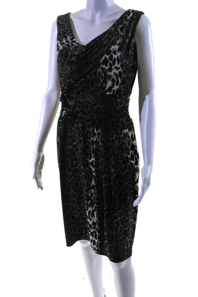 David Meister Womens Gray Leopard Print Embellished Sleeveless Shift Dress Size8