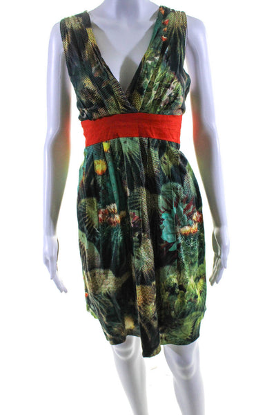 Eva Franco Womens Green Cotton Printed V-Neck Sleeveless Shift Dress Size 6