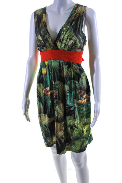 Eva Franco Womens Green Cotton Printed V-Neck Sleeveless Shift Dress Size 6