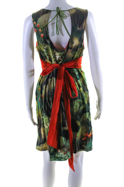 Eva Franco Womens Green Cotton Printed V-Neck Sleeveless Shift Dress Size 6