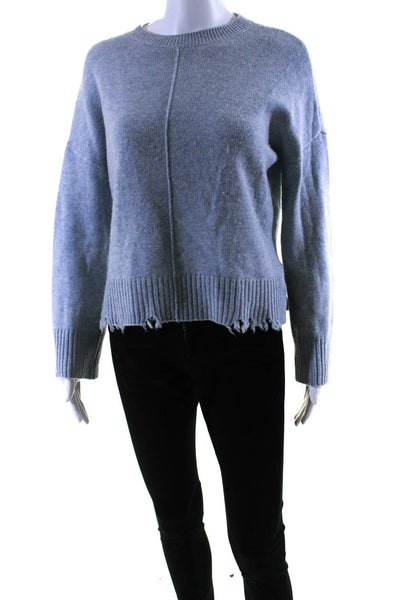 Lilla P Womens Blue Merino Wool Distress Crew Neck Pullover Sweater Top Size XS