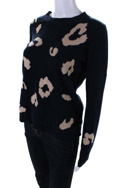 J Crew Womens Cashmere Animal Print Crew Neck Pullover Sweater Top Navy Size S