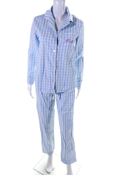 Petite Plume Womens Cotton Check Print Shirt + Pants Pajama Set Blue Size XS