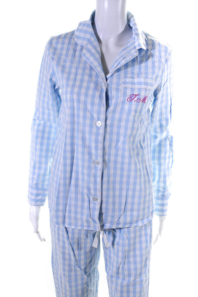 Petite Plume Womens Cotton Check Print Shirt + Pants Pajama Set Blue Size XS