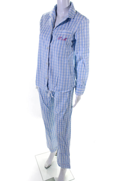 Petite Plume Womens Cotton Check Print Shirt + Pants Pajama Set Blue Size XS