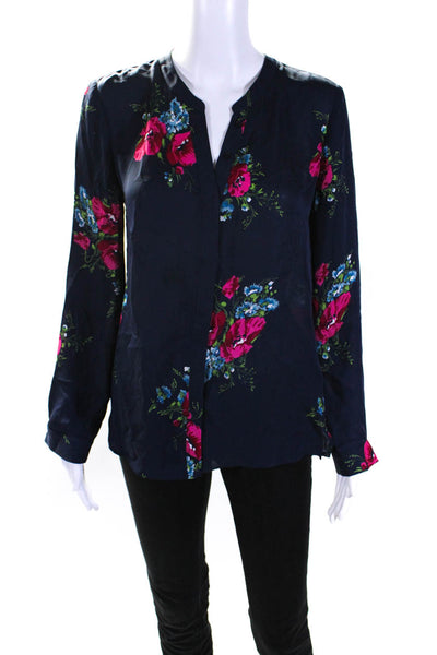 Joie Womens Button Front Long Sleeve Crew Neck Floral Silk Shirt Navy Size XS