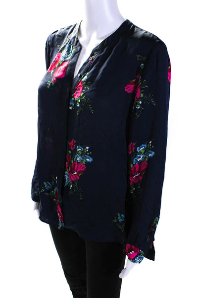 Joie Womens Button Front Long Sleeve Crew Neck Floral Silk Shirt Navy Size XS