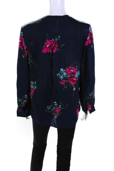 Joie Womens Button Front Long Sleeve Crew Neck Floral Silk Shirt Navy Size XS