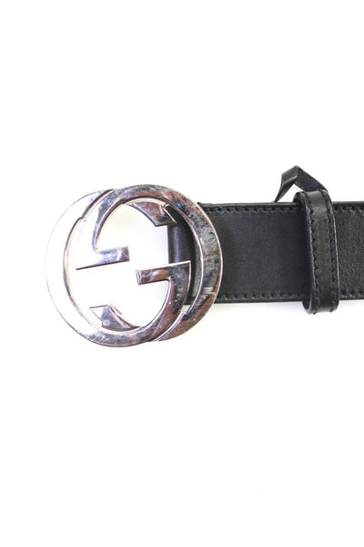 Gucci Mens Leather Silver Tone Hardware Slide Pink Belt Black Size 32