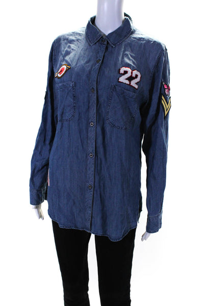 Rails Womens Embroidered Graphic Collared Buttoned Long Sleeve Top Blue Size L