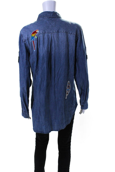 Rails Womens Embroidered Graphic Collared Buttoned Long Sleeve Top Blue Size L