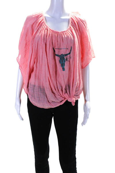 Designer Womens Cotton Graphic Print Tied Hem Pullover Blouse Top Pink Size 3