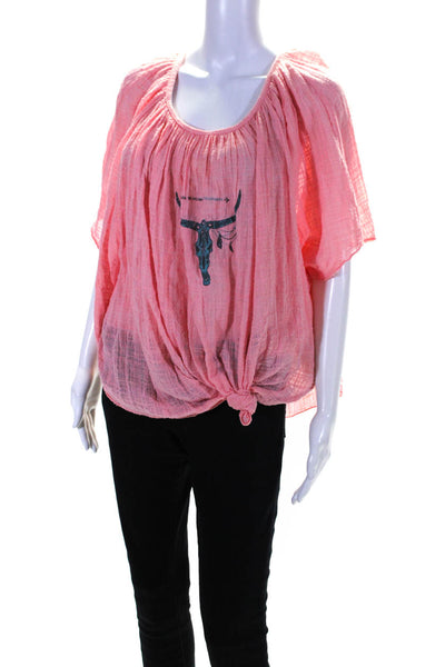 Designer Womens Cotton Graphic Print Tied Hem Pullover Blouse Top Pink Size 3