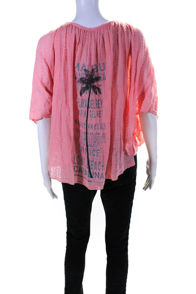 Designer Womens Cotton Graphic Print Tied Hem Pullover Blouse Top Pink Size 3