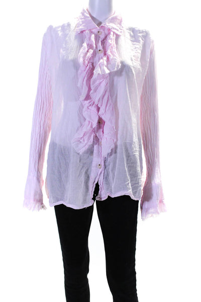 House Of Basics Womens Ruffled Long Sleeve Buttoned V-Neck Blouse Pink Size M
