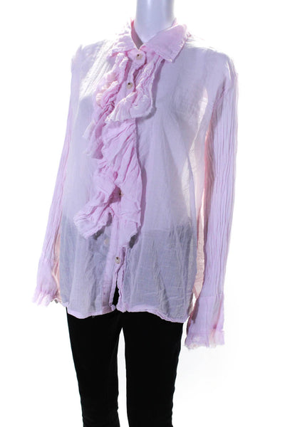 House Of Basics Womens Ruffled Long Sleeve Buttoned V-Neck Blouse Pink Size M