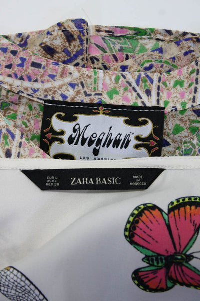 Zara Meghan Womens Graphic Print Long Sleeve Blouse Tops White Size L Lot 2