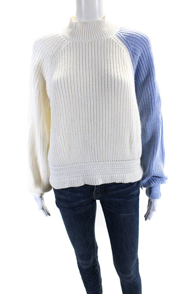Amo Womens Pullover Open Knit Mock Neck Sweater White Blue Cotton Size Small