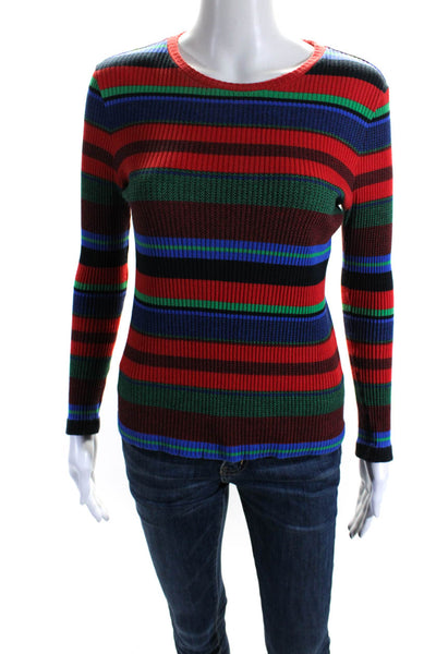 Boss Hugo Boss Womens Ribbed Slim Striped Long Sleeved Shirt Red Blue Size S