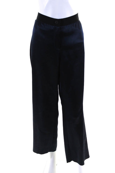 Akris Women's Elastic Waist Button Clouse Wide Leg Dress Pant Blue Size 12