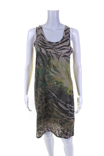 Blumarine Womens Animal Print Sleeveless Tank Dress Beige Green Gray Size 42