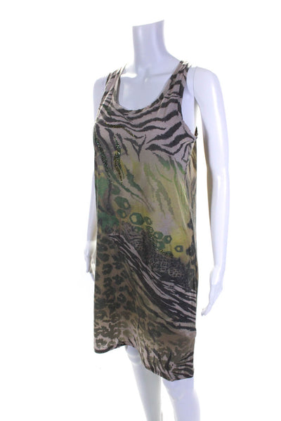 Blumarine Womens Animal Print Sleeveless Tank Dress Beige Green Gray Size 42