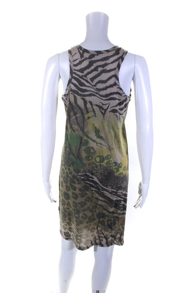 Blumarine Womens Animal Print Sleeveless Tank Dress Beige Green Gray Size 42