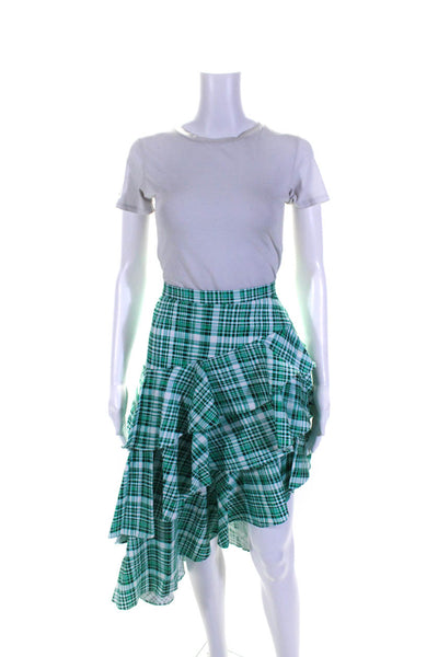 AMUR Womens Plaid Ruffled Asymmetrical High Low Midi Skirt Green White Size 4