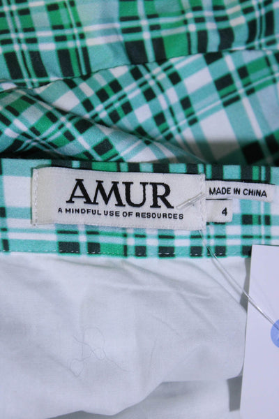 AMUR Womens Plaid Ruffled Asymmetrical High Low Midi Skirt Green White Size 4