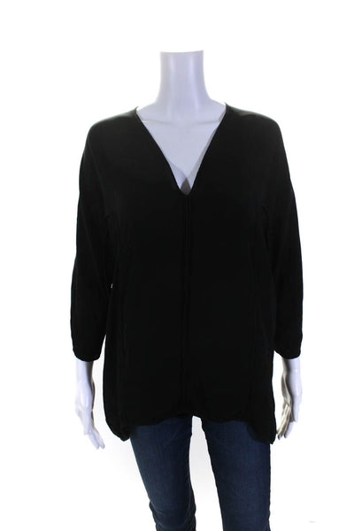 Halston Heritage Womens Silk Paneled 3/4 Sleeve V-Neck Blouse Top Black Size S