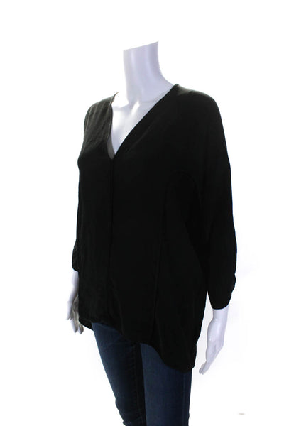 Halston Heritage Womens Silk Paneled 3/4 Sleeve V-Neck Blouse Top Black Size S