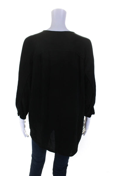 Halston Heritage Womens Silk Paneled 3/4 Sleeve V-Neck Blouse Top Black Size S